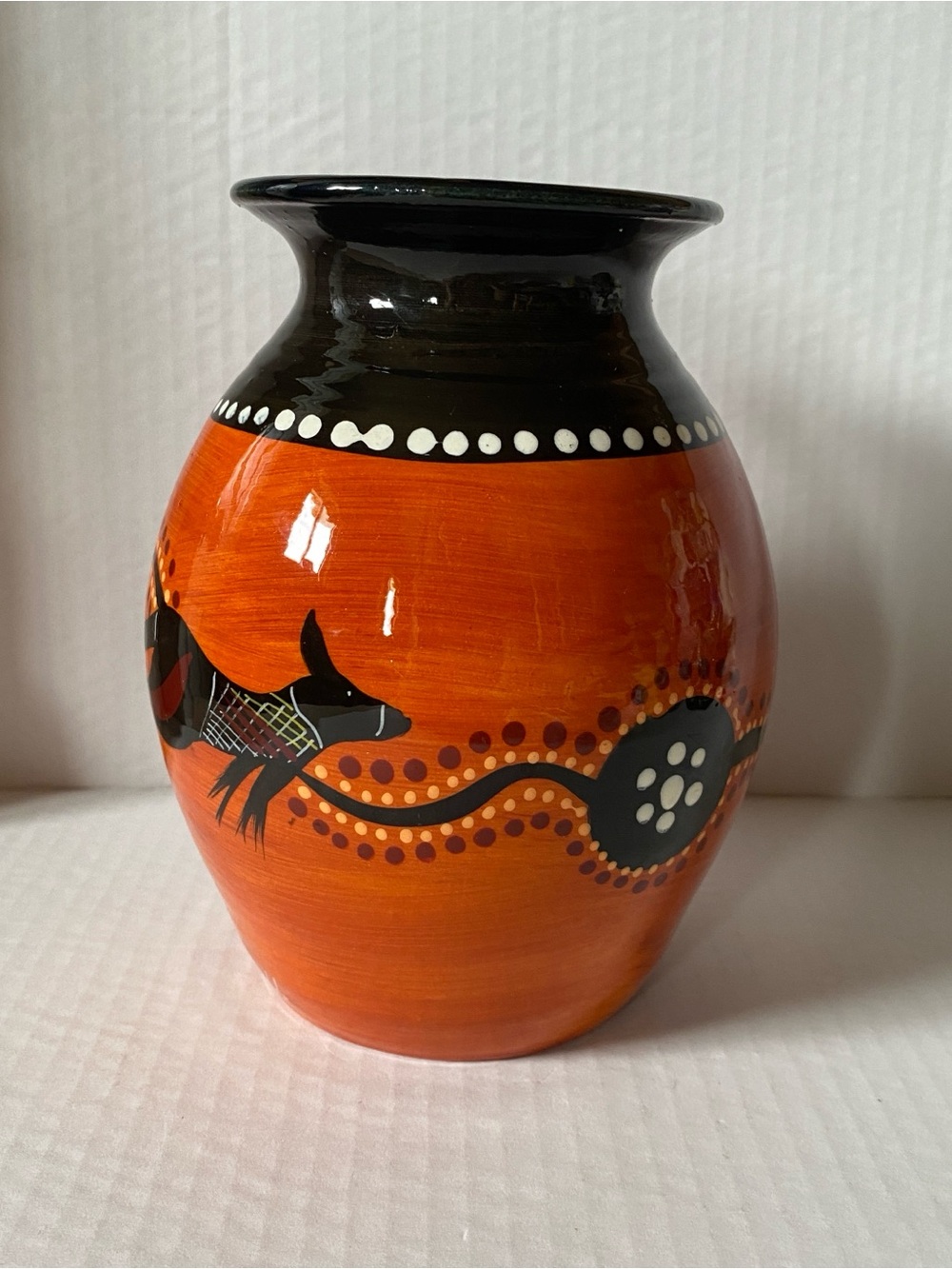 Australian Made Waterhole Dreaming Pottery Vase.Hand Painted Aboriginal Folk Art